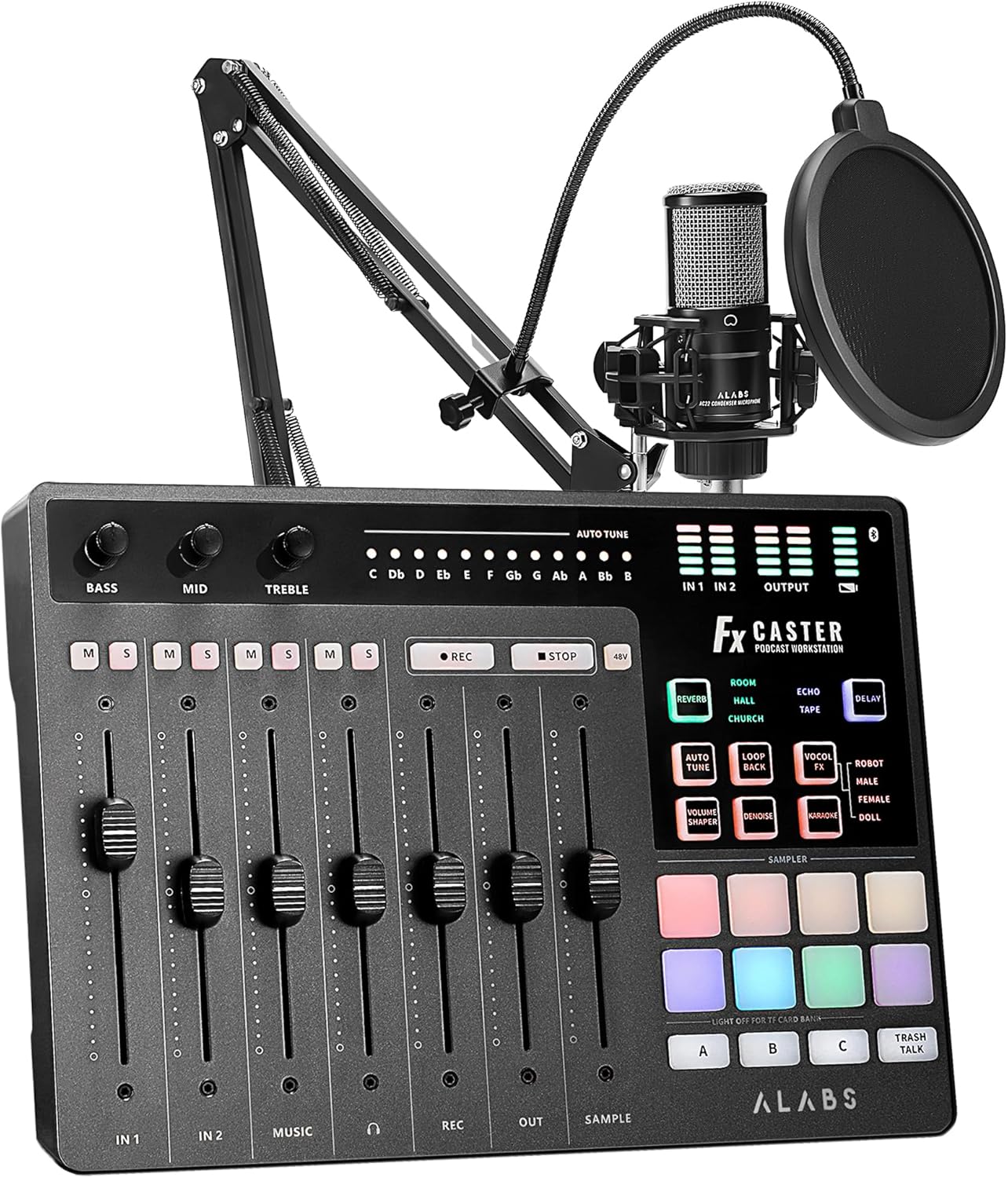ALABS Fxcaster Podcast Equipment Bundle – All-in-One Podcasting Starter Setup with 7-Channel Soundboard, Audio Interface, and 25mm Diaphragm XLR Microphone for Live Streaming, Recording, and TikTok